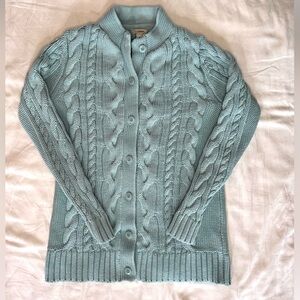 LL Bean Double L Mock Neck Cotton Cable Cardigan Light Turquoise Blue Women’s M